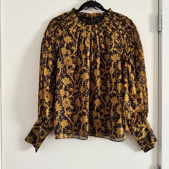 Ann Taylor Floral Smocked Top Yellow Blue Ruffle Neck Long Sleeve Sz S - Picture 1 of 6